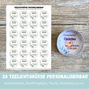 Puede incluir: Veinticuatro etiquetas de velas de té personalizadas con un diseño de corona de eucalipto verde. Las etiquetas incluyen el texto "Comunión Christina" y la fecha "27.04.2025".