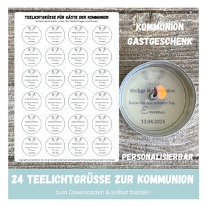 Puede incluir: Una imagen con una hoja de pegatinas redondas y una vela de té encendida. Las pegatinas son para una comunión, con texto y fechas. La vela tiene el texto "Sagrada Comunión" y "Gracias por el hermoso día Emma 13.04.2024".