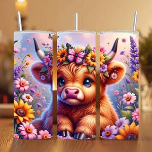 Flower Butterfly Highland Cow Tumbler Wrap png 20 oz Skinny Tumbler Sublimation Design Seamless Digital Download PNG Instant DIGITAL ONLY
