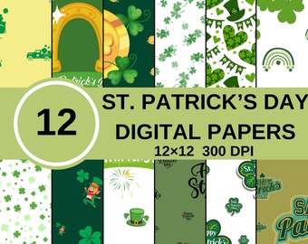 St  Patricks Day digital paper, background, scrapbook papers, stripes, chevron, polka dots, clover, shamrock M297