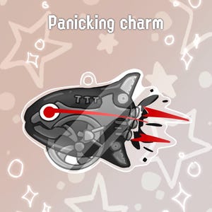 May include: A black and grey charm with the text "Panicking charm". The charm features a red laser beam and red accents, with a wheel design. The background has white star and circle shapes.