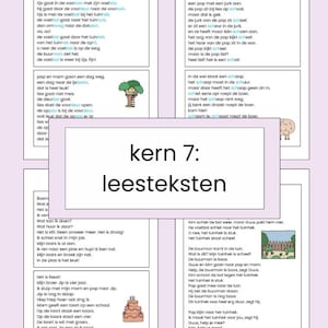 Può includere: Un foglio di lavoro colorato con la parola "kern 7: leesteksten" in testo blu e bianco. Il foglio di lavoro presenta diverse brevi storie scritte in olandese, ciascuna con una illustrazione corrispondente. Le illustrazioni includono un pallone da calcio, una torta, un albero, una pecora e una recinzione.