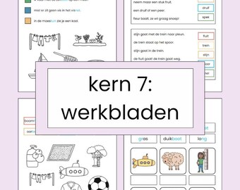 May include: Black and white illustrations of various objects, including a submarine, a soccer ball, a treehouse, a net, a door, a jacket, an ear, a clothesline with clothes hanging on it, a basket of apples, and a patch of grass. The text "kern 7: werkbladen" is at the top of the page.
