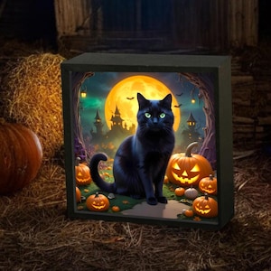 Halloween Cat and Pumpkin Wooden Night Lamp - Spooky Halloween Decor with Cozy Light, Perfect for Halloween Gifts, Handcrafted Night Light