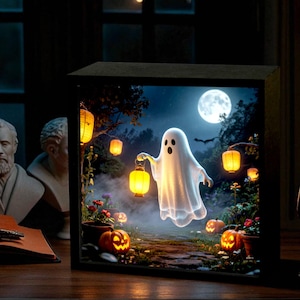 Charming Halloween Ghost Night Light with Lantern – Spooky Cute LED Desktop Lamp for Halloween Decor, Kids Room or Party Accent Lighting