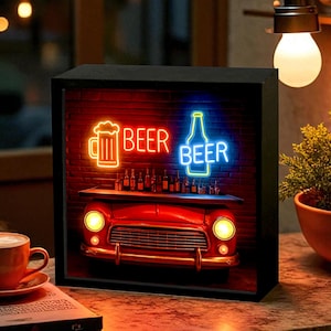 Retro Car Front Bar Neon Beer Night Lamp – Wooden Frame Light Box Wall Decor with Beer Bottle and Mug Design for Home Bar, Pub, Man Cave