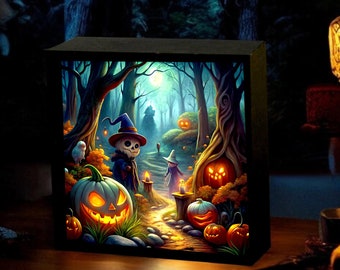 以下が含まれることがあります： ハロウィンのシーンが描かれた黒いライトアップボックス。シーンは、魔女、カボチャ、その他のハロウィンの装飾品がある不気味な森を描いています。ボックスは後ろから照らされ、光る効果を生み出しています。