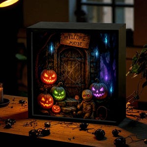 Spooky Witch House Halloween Night Light – Glowing Jack-o&#39;-Lantern Pumpkins, Haunted Door, Creepy Doll – Wooden Halloween Lamp Gift Decor