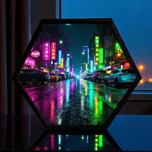 Nachtlampje cyberpunkstad, neon straatkunst, decor Tokyo Rain, JDM autoliefhebber cadeau, gamerkamerlamp, Future City Box, kerstcadeau hem