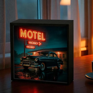 Retro Motel Car Night Lamp – Classic Car in Front of Neon Motel LED Light, Vintage Americana Decor, Perfect Gift for Road Trip & Retro Lover