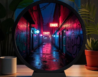 Cyberpunk Neon Alley Nattlampa, LED-ljuslåda, Futuristisk Gatudekor, Spelrumspresent