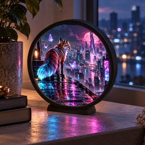 Może przedstawiać: Okrągła lampa z żywą cyfrową ilustracją lisa stojącego na mokrym dachu z widokiem na futurystyczne miasto nocą, oświetlona neonowym różowym i niebieskim światłem, umieszczona w czarnej ramie na solidnej podstawie.