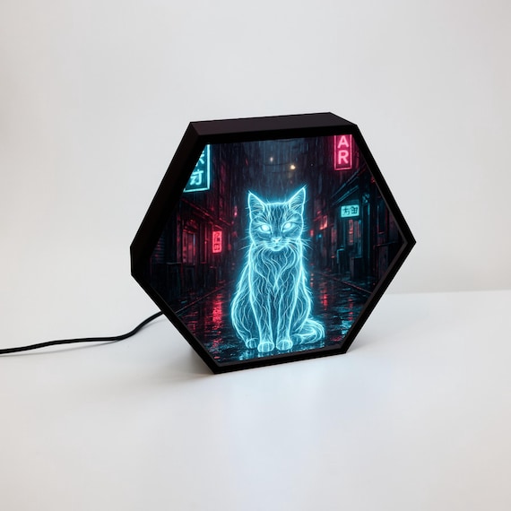 Cyberpunk Cat Night Lamp, Neon Spirit Cat Light, Futuristic Animal Lamp, Aesthetic Room Decor, Gamer Gift, Neon Wall Art Lamp
