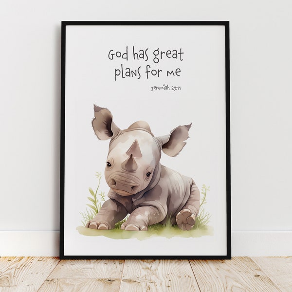 Baby Rhino with Bible Verse for Kids Room and Nursery Décor Ideas