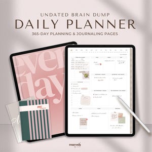 Peut inclure: Un agenda quotidien numérique sur une tablette avec un stylet, à côté d'un carnet rose avec le mot "everyday" et d'un journal à rayures. Le texte indique "Undated Brain Dump Daily Planner 365-Day Planning & Journaling Pages."
