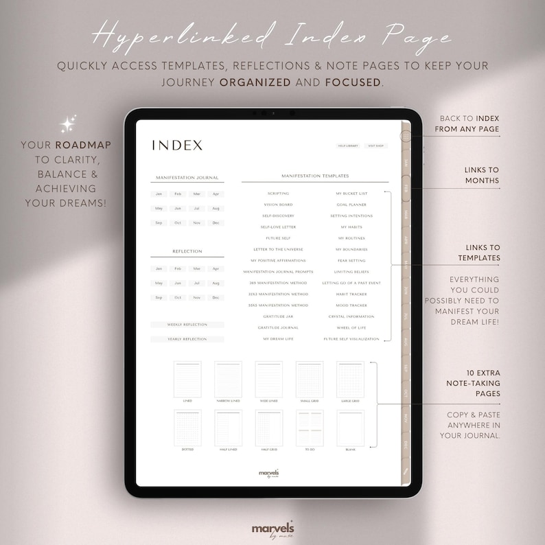 May include: A digital tablet displays a planner index page with the text "Hyperlinked Index Page." The page includes sections for manifestation templates, reflection, and note pages. The tablet is on a neutral background with text that reads "Your roadmap to clarity, balance & achieving your dreams!"