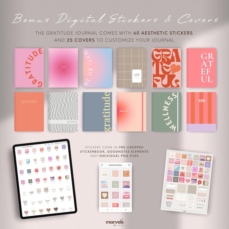 Op de afbeelding: Een digitale planner met 60 esthetische stickers en 25 covers. De planner heeft een roze en witte kleurstelling met verschillende ontwerpen, waaronder een rasterpatroon, een golvend patroon en een hartpatroon. De tekst "dankbaarheid" staat op verschillende covers. De stickers zijn verkrijgbaar in voorgeknipte stickerboeken, Goodnotes-elementen en individuele PNG-bestanden.