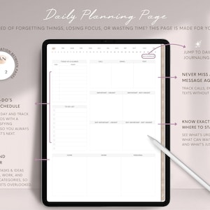 May include: A digital planner on a tablet with the text "Daily Planning Page." The planner includes sections for to-do lists, emails, and notes. A stylus rests on the screen. The planner is designed to help users organize tasks and ideas.