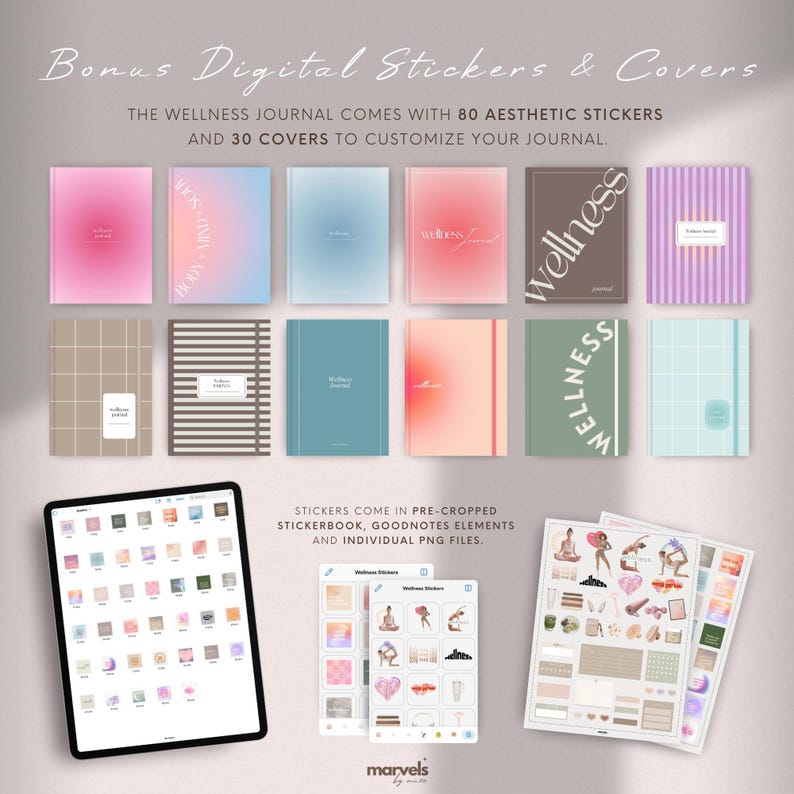 Pu&ograve; includere: Un planner digitale con 80 adesivi estetici e 30 copertine per personalizzare un diario di benessere. Gli adesivi sono disponibili in formato pretagliato per album di adesivi, elementi Goodnotes e file PNG individuali. L'immagine mostra una variet&agrave; di copertine con diversi colori e motivi, tra cui rosa, blu, verde e marrone. L'immagine mostra anche un'anteprima degli adesivi, che includono illustrazioni di pose yoga, fiori e altri temi legati al benessere.