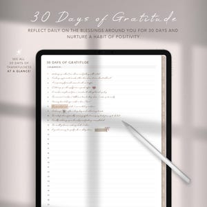 Op de afbeelding: Een digitale planner met een witte achtergrond en zwarte lijnen. De planner is open op een pagina met de titel "30 dagen dankbaarheid". De pagina bevat een lijst met prompts om elke dag na te denken over dingen waar je dankbaar voor bent.