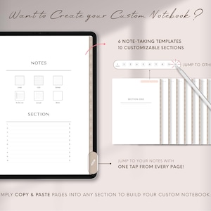 Puede incluir: Plantilla de cuaderno digital con 6 plantillas para tomar notas y 10 secciones personalizables. La imagen muestra una tableta con un dise&ntilde;o de cuaderno, que incluye secciones para notas y una tabla de contenido. El texto en la imagen dice "Want to Create your Custom Notebook?"