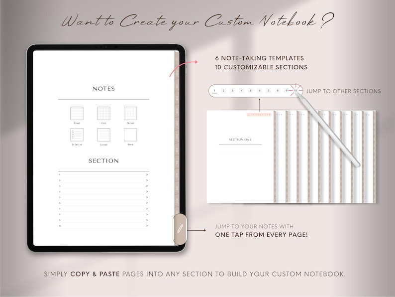 Puede incluir: Plantilla de cuaderno digital con 6 plantillas para tomar notas y 10 secciones personalizables. La imagen muestra una tableta con un dise&ntilde;o de cuaderno, que incluye secciones para notas y una tabla de contenido. El texto en la imagen dice "Want to Create your Custom Notebook?"