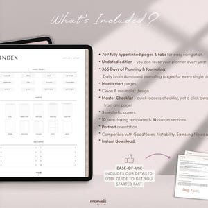 May include: Digital planner displayed on a tablet, featuring an index, daily pages, and note sections. The screen shows a clean, minimalist design with tabs and hyperlinks for easy navigation. Includes 365 days of planning and journaling pages.