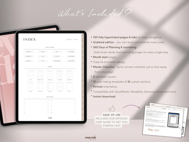 May include: Digital planner displayed on a tablet, featuring an index, daily pages, and note sections. The screen shows a clean, minimalist design with tabs and hyperlinks for easy navigation. Includes 365 days of planning and journaling pages.