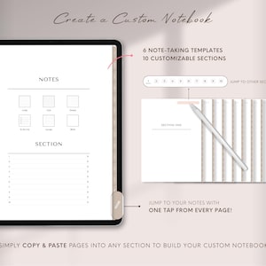 Pode incluir: Design de caderno digital com o texto "Create a Custom Notebook". A imagem mostra um tablet com modelos de anota&ccedil;&otilde;es e se&ccedil;&otilde;es personaliz&aacute;veis. Uma caneta aponta para uma p&aacute;gina rotulada como "Section One". O texto inclui "Jump to your notes with one tap from every page!"