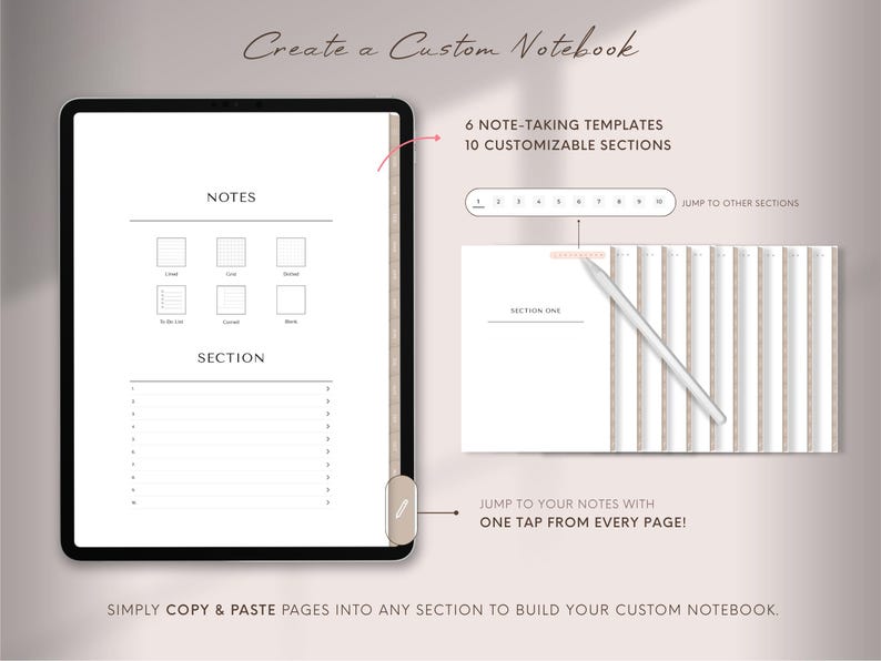 Pode incluir: Design de caderno digital com o texto "Create a Custom Notebook". A imagem mostra um tablet com modelos de anota&ccedil;&otilde;es e se&ccedil;&otilde;es personaliz&aacute;veis. Uma caneta aponta para uma p&aacute;gina rotulada como "Section One". O texto inclui "Jump to your notes with one tap from every page!"