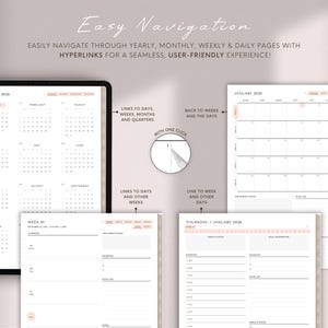 Pode incluir: Planeador digital com um design minimalista. O planeador exibe um calend&aacute;rio, p&aacute;ginas semanais e di&aacute;rias. O texto "Easy Navigation" e "Hyperlinks for a seamless, user-friendly experience!" s&atilde;o vis&iacute;veis.