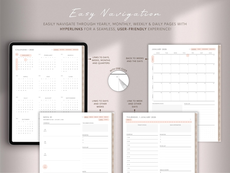 Pode incluir: Planeador digital com um design minimalista. O planeador exibe um calend&aacute;rio, p&aacute;ginas semanais e di&aacute;rias. O texto "Easy Navigation" e "Hyperlinks for a seamless, user-friendly experience!" s&atilde;o vis&iacute;veis.