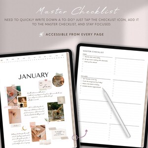 May include: Two digital tablets displaying a digital planner. One tablet shows a January calendar with photos and notes. The other shows a checklist with the words "Master Checklist". The text "Master Checklist" and "Accessible from every page" are also visible.