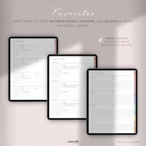 May include: A printable digital planner template for keeping track of favorite books, authors, and quotes. The template has three sections: Favorite Books, Favorite Authors, and Favorite Quotes. Each section has columns for title, author, genre, and other details. The template has a rainbow color scheme.