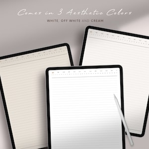 May include: Three digital planners in different colors: white, off-white, and cream. Each planner has a monthly calendar at the top and lined pages below for note-taking.