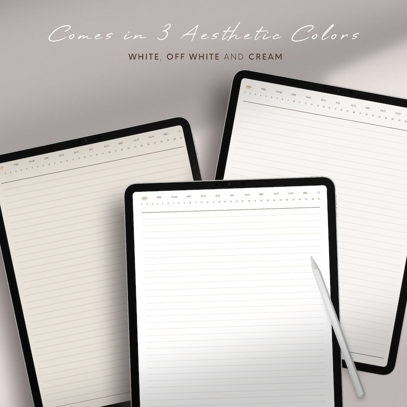 May include: Three digital planners in different colors: white, off-white, and cream. Each planner has a monthly calendar at the top and lined pages below for note-taking.