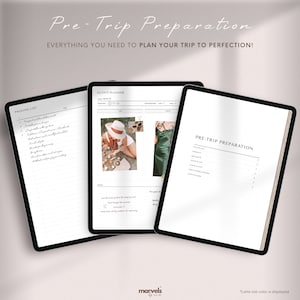 May include: Three printable pages for planning a trip. The pages are titled "Packing List", "Outfit Planner", and "Pre-Trip Preparation". The pages are designed to be used in a digital planner.