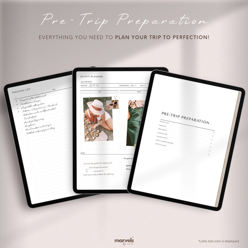 May include: Three printable pages for planning a trip. The pages are titled "Packing List", "Outfit Planner", and "Pre-Trip Preparation". The pages are designed to be used in a digital planner.