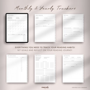 May include: A printable set of reading trackers for monthly and yearly goals. The trackers include a monthly reading calendar, monthly reflection, yearly goals, yearly overview, and yearly reflection.