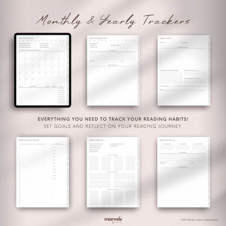 May include: A printable set of reading trackers for monthly and yearly goals. The trackers include a monthly reading calendar, monthly reflection, yearly goals, yearly overview, and yearly reflection.