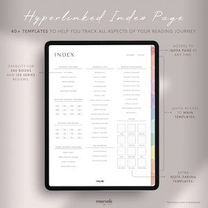 May include: A digital planner template for tracking reading progress. The template includes sections for reading trackers, reading lists, reading challenges, monthly reading trackers, monthly reflection, yearly reading trackers, and notes. The template is designed to help users track all aspects of their reading journey.