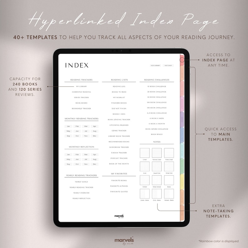 May include: A digital planner template for tracking reading progress. The template includes sections for reading trackers, reading lists, reading challenges, monthly reading trackers, monthly reflection, yearly reading trackers, and notes. The template is designed to help users track all aspects of their reading journey.