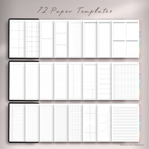 Op de afbeelding: 72 printbare papieren sjablonen voor planners, dagboeken en notitieboekjes. De sjablonen omvatten gelinieerd, geruit, stippenraster, grafiekpapier en blanco pagina's.