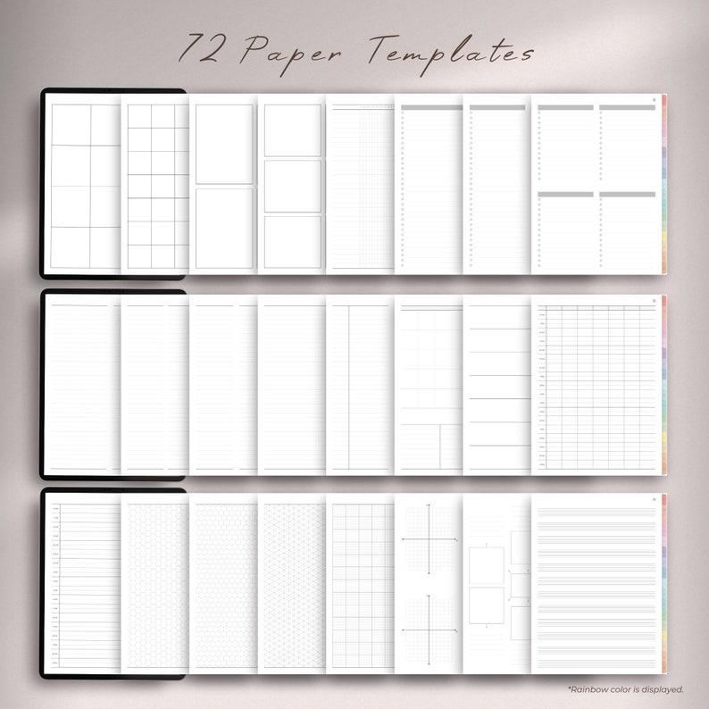 Op de afbeelding: 72 printbare papieren sjablonen voor planners, dagboeken en notitieboekjes. De sjablonen omvatten gelinieerd, geruit, stippenraster, grafiekpapier en blanco pagina's.