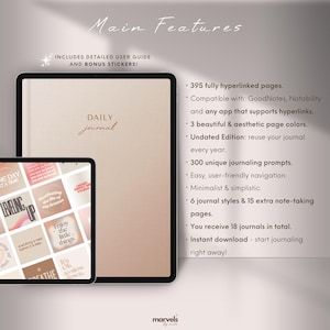 May include: A digital planner with a pink and white color scheme. The planner features the text "Daily Journal" and includes 395 hyperlinked pages, 300 unique journaling prompts, and 6 journal styles. The planner is compatible with GoodNotes, Notability, and other apps that support hyperlinks.