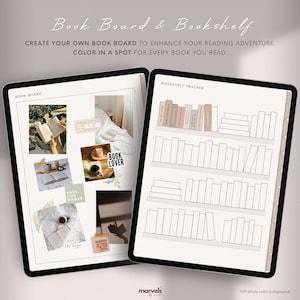 May include: A digital printable planner with two pages. The left page is titled "Book Board" and features a collage of images related to reading. The right page is titled "Bookshelf Tracker" and has a grid of empty rectangles to represent books on a bookshelf.