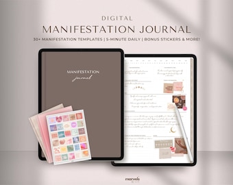 May include: Digital manifestation journal with a brown cover and the text "Manifestation Journal". Includes templates, daily prompts, and stickers. A tablet displays journal pages with a stylus. The image also shows a stack of stickers.