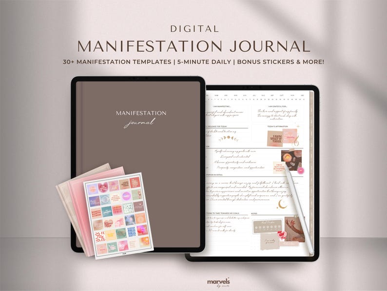 May include: Digital manifestation journal with a brown cover and the text "Manifestation Journal". Includes templates, daily prompts, and stickers. A tablet displays journal pages with a stylus. The image also shows a stack of stickers.