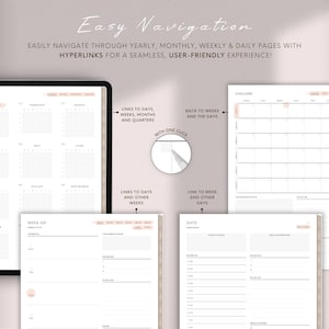 Puede incluir: Planificador digital en una tableta, que muestra p&aacute;ginas de calendario, semanales y diarias. El planificador tiene un dise&ntilde;o minimalista con acentos melocot&oacute;n y el texto "Easy Navigation". Los hiperv&iacute;nculos permiten una f&aacute;cil navegaci&oacute;n.
