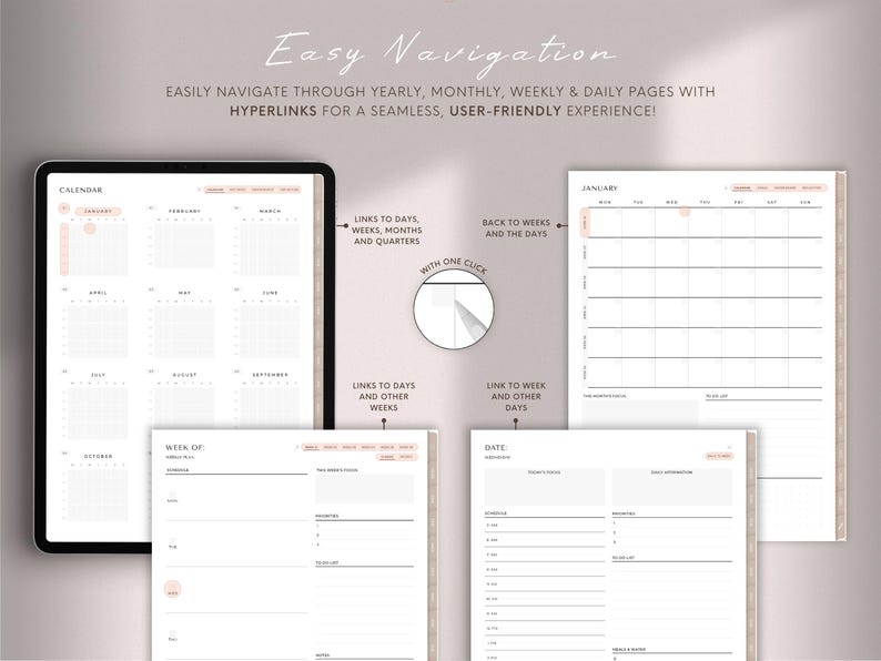 Puede incluir: Planificador digital en una tableta, que muestra p&aacute;ginas de calendario, semanales y diarias. El planificador tiene un dise&ntilde;o minimalista con acentos melocot&oacute;n y el texto "Easy Navigation". Los hiperv&iacute;nculos permiten una f&aacute;cil navegaci&oacute;n.